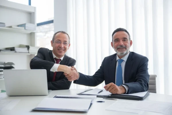 Dois executivos em reunião de negócios em um escritório, cumprimentando com aperto de mãos diante de um notebook e documentos, representando a presença digital para explicar por que negócios crescem mais rápido.