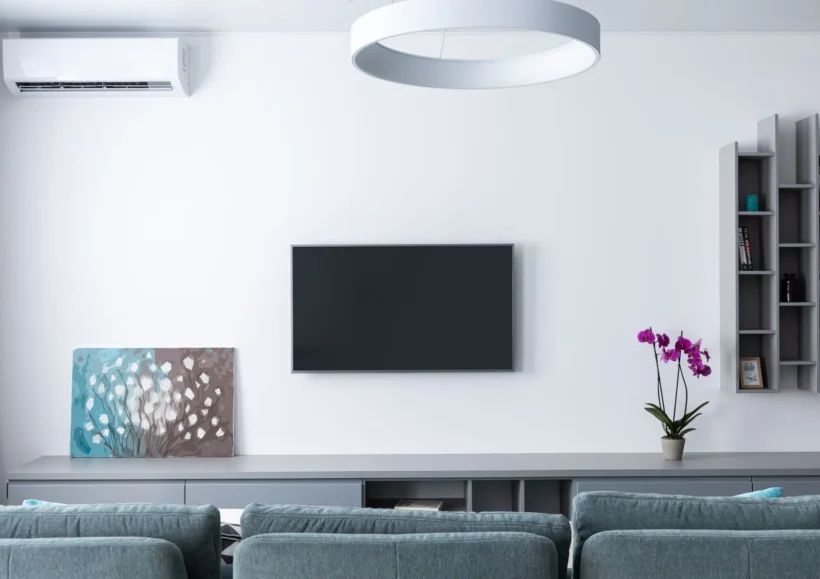 Sala moderna com sofá cinza, televisão na parede, iluminação de teto e ar-condicionado split instalado na parede, ilustrando conforto e eficiência em climatização